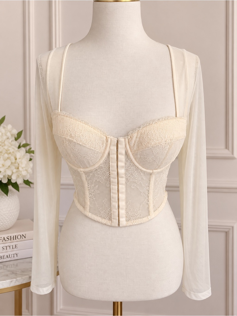Sincerly Jules Cream Lace Underwire Bustier with Sheer Sleeves